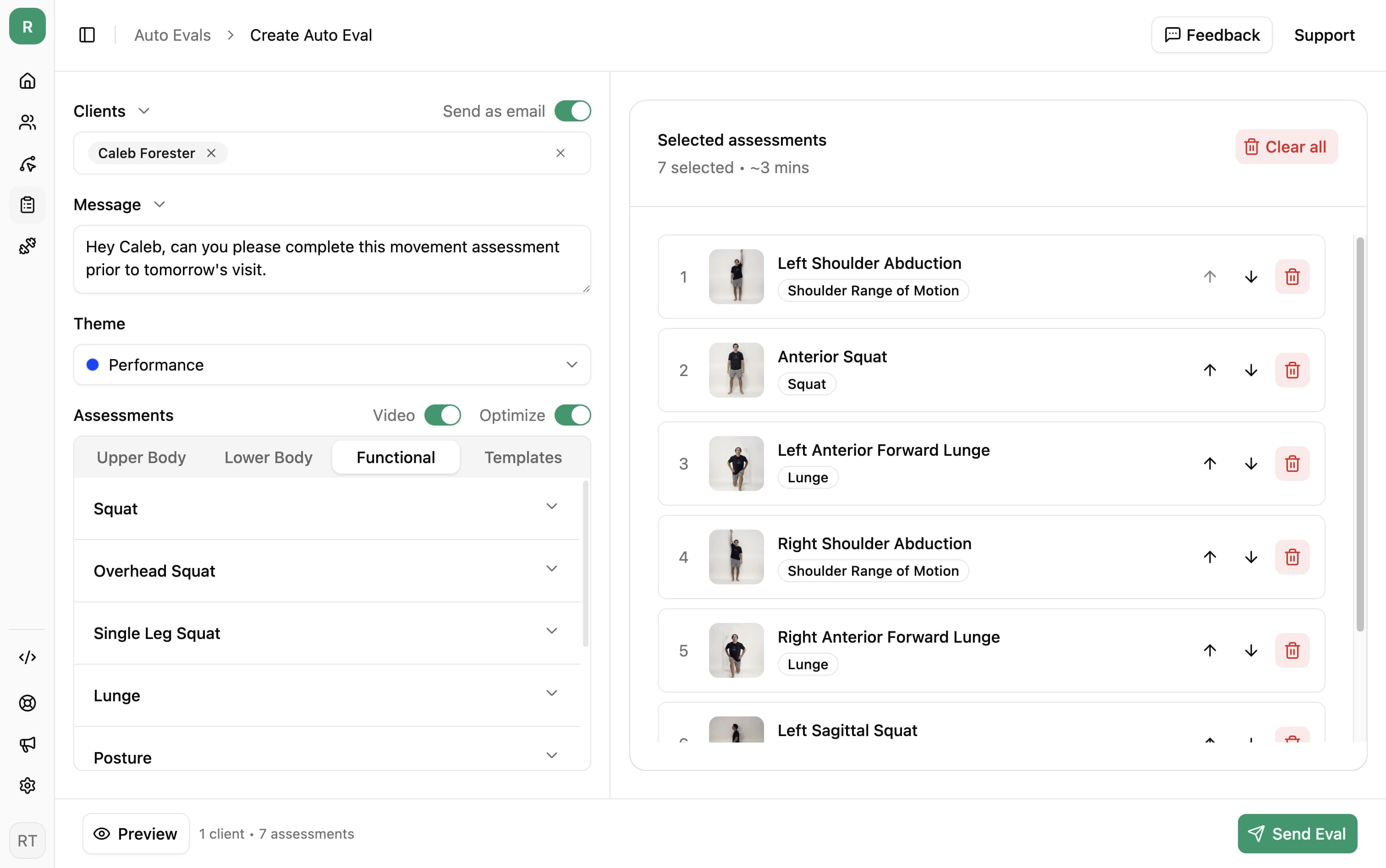 Send a pre-visit movement evaluation in Revenite